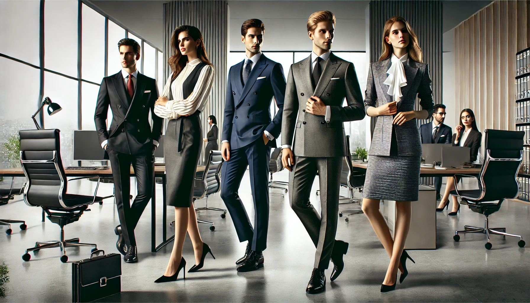 Ejecutivos en una oficina moderna vistiendo uniformes elegantes y profesionales. Identidad de marca de cliente y logotipo | Valeria Uniformes Corporativos