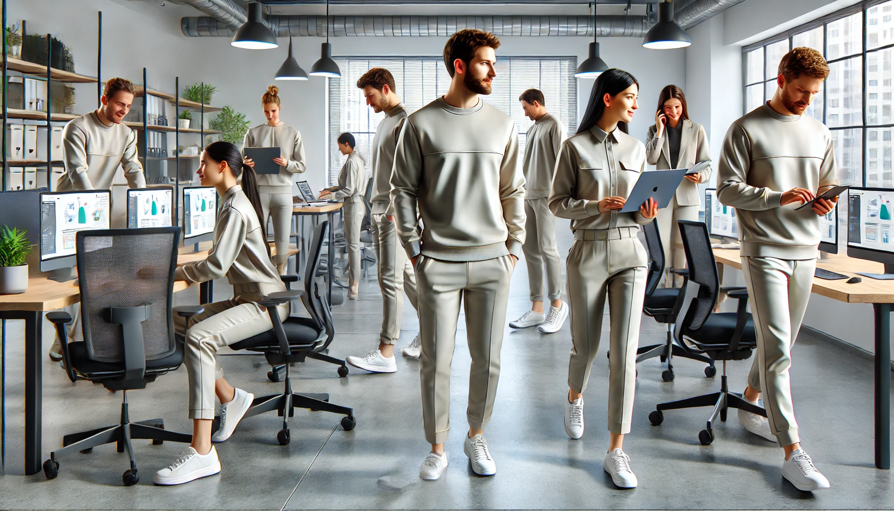 Profesionales en una oficina moderna con vestimenta ejecutiva cómodos y elegantes. | Valeria Uniformes Corporativos