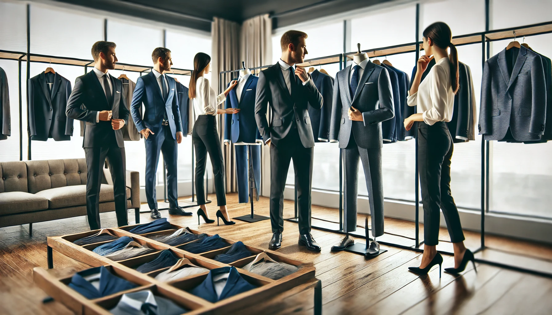 Profesionales eligiendo uniformes ejecutivos en oficina moderna con espejos y trajes | Valeria Uniformes Corporativos