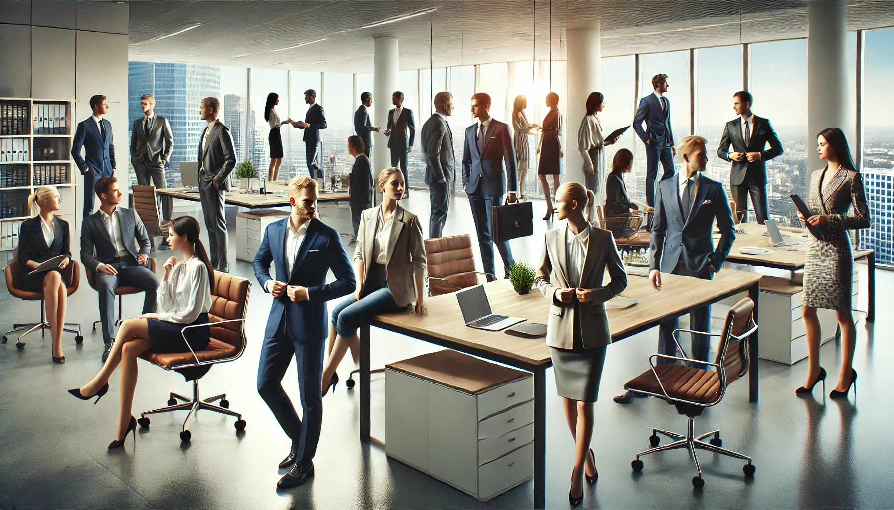 Profesionales en oficina moderna con vestimenta formal y elegante. Setting y cookies de empresas | Valeria Uniformes Corporativos