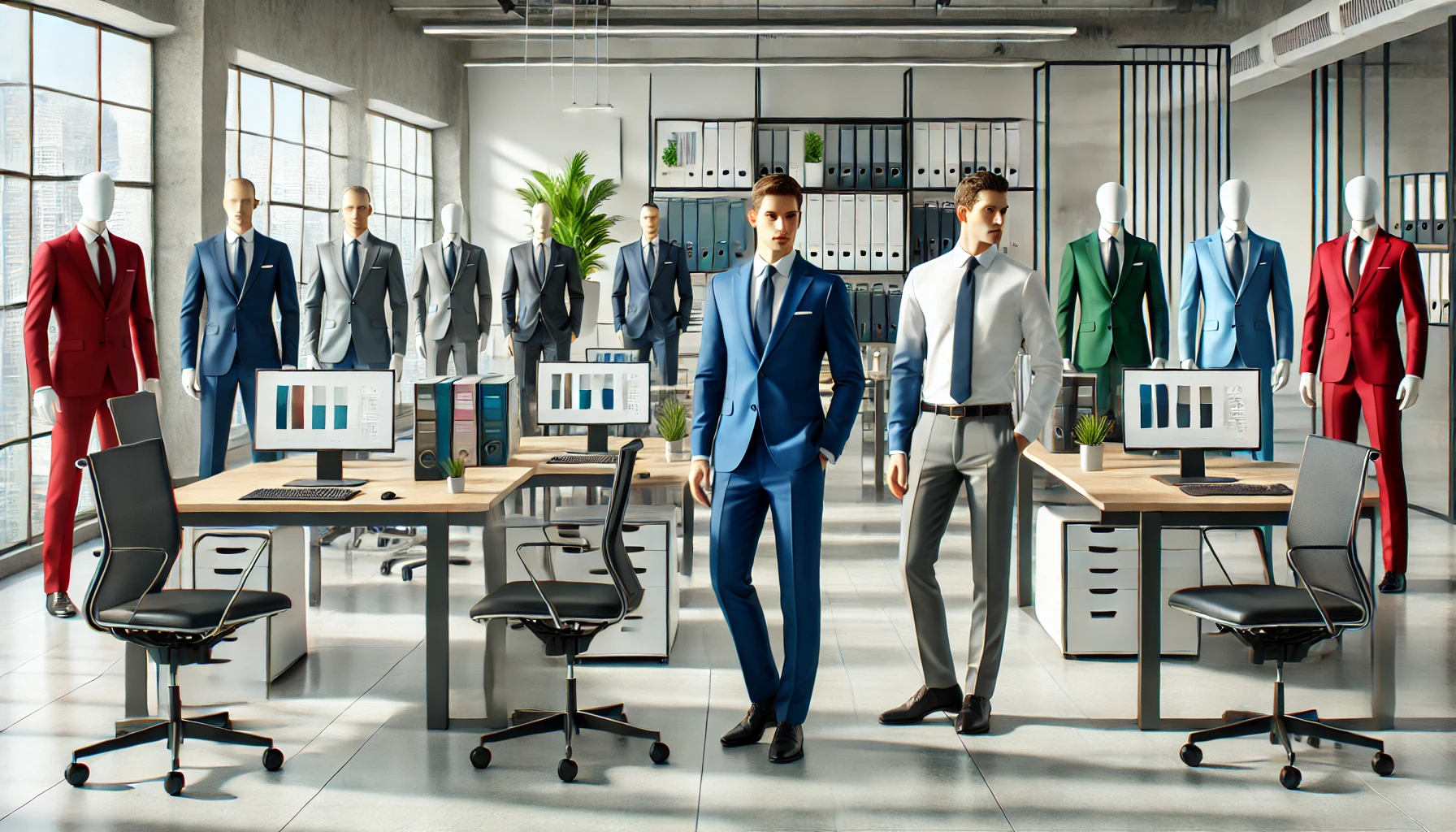 Profesionales en oficina moderna con uniforme de color variados, mostrando confianza. Color uniforme moda corporativa empresas negocios autoridad importancia elección gente atención ámbito lugar mensajes razones tejidos formas tonalidades  | Valeria Uniformes Corporativos.