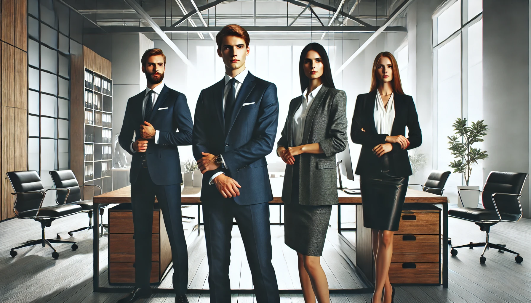 Profesionales en oficina moderna con vestimenta formal, reflejando imagen profesional | Valeria Uniformes Corporativos