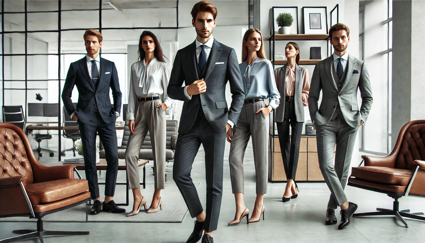 Profesionales en oficina mostrando tendencias modernas en uniforme ejecutiva. Estrategia a través de herramienta IP | Valeria Uniformes Corporativos