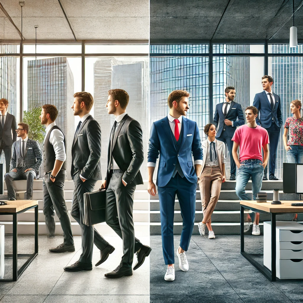 Imagen de la evolución de la moda empresarial: antes y después | Valeria Uniformes Corporativos.