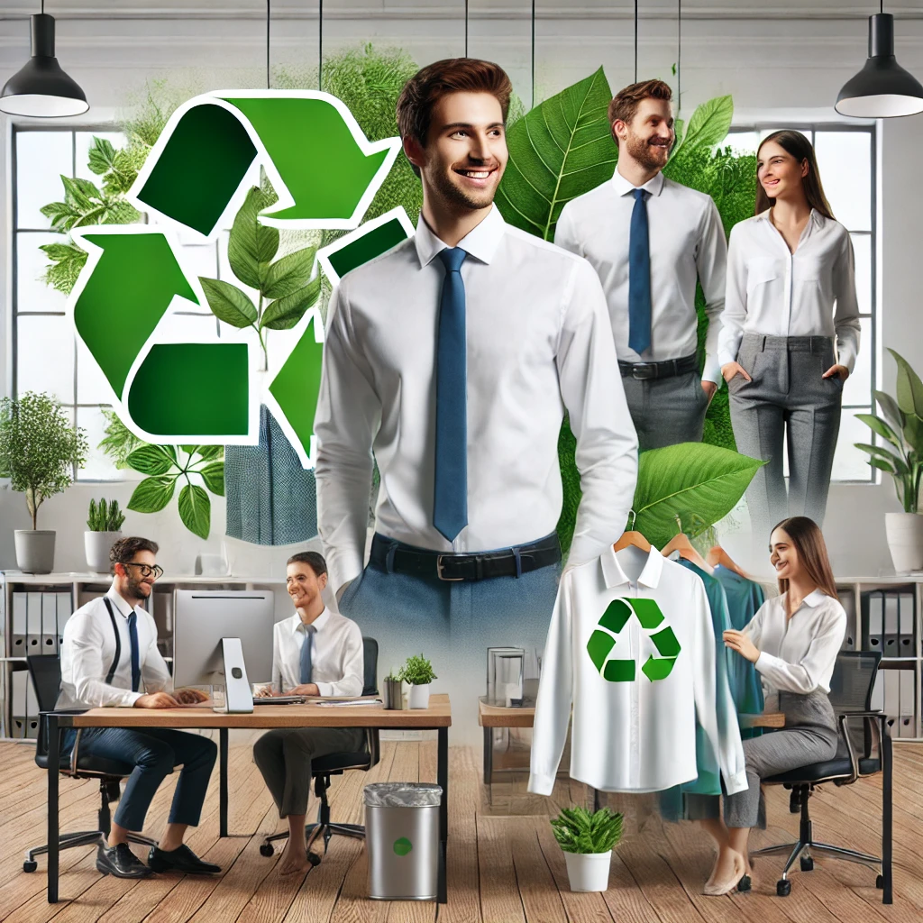 Profesionales con uniforme eco-friendly en oficina con logo verde y plantas. Cookies impacto ambiental moda prendas uniforme industria confección industria textil industria de la moda sostenibilidad productos identidad fabricación consumidores alternativa redes sociales material personas efecto invernadero problema | Valeria Uniformes Corporativos