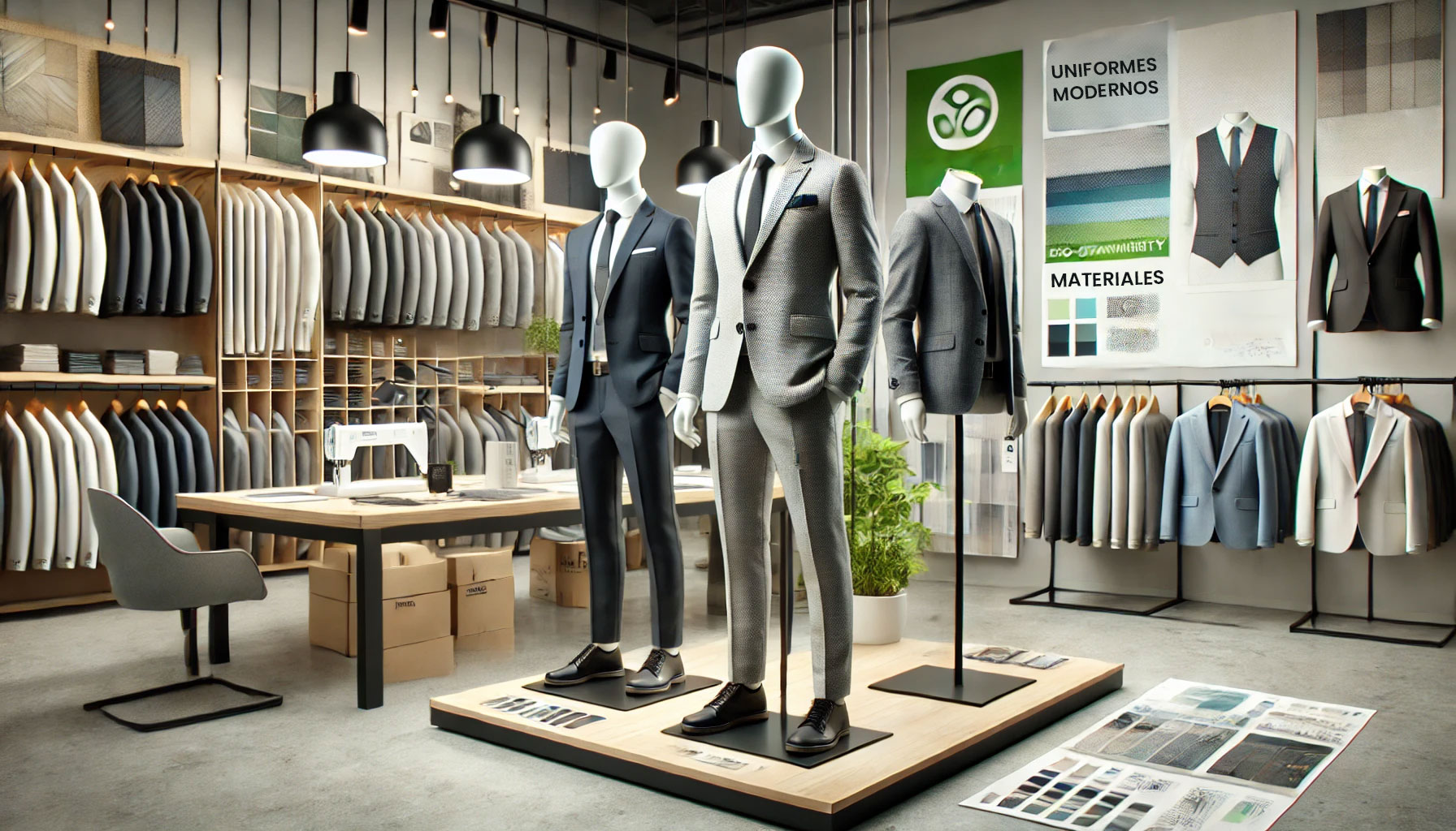 Maniquíes con uniforme modernos en showroom, destacando materiales sostenibles. Valores una uniforme trabajadores extensión.  Valores una uniforme trabajadores extensión uniforme uniforme uniforme uniforme uniforme | Valeria Uniforme Corporativos