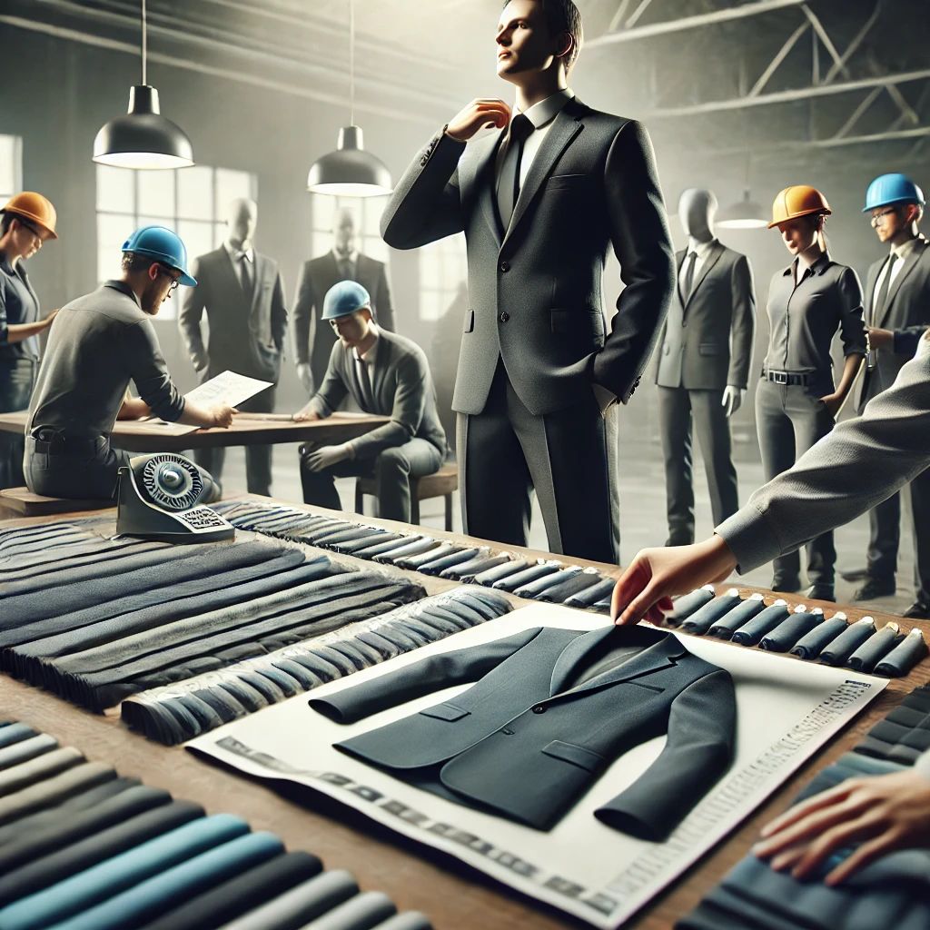 Trabajadores inspeccionando uniformes industriales de alta calidad en un entorno empresarial. Ropa de trabajo para protección de accidentes | Valeria Uniformes Corporativos.
