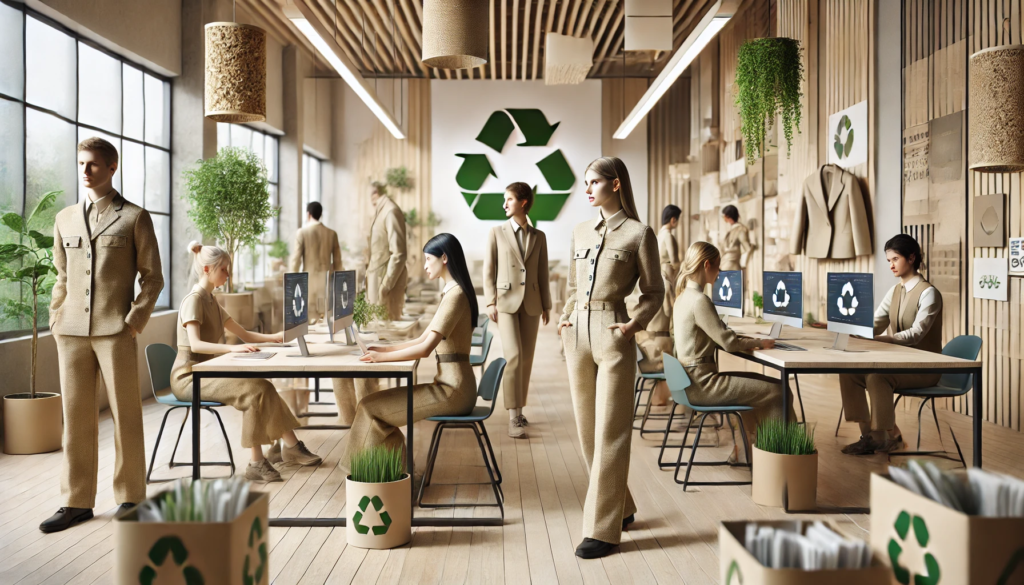 Trabajadores con uniformes sostenibles en un entorno laboral ecológico y moderno. | Valeria Uniformes Corporativos
