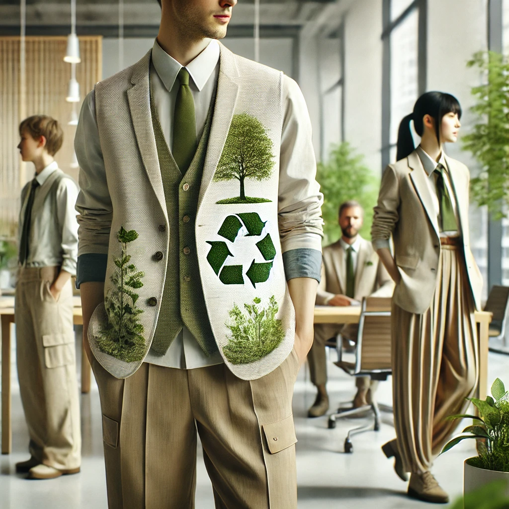 Empleados en oficina con uniformes corporativos eco-friendly en tonos tierra | Valeria Uniformes Corporativos.