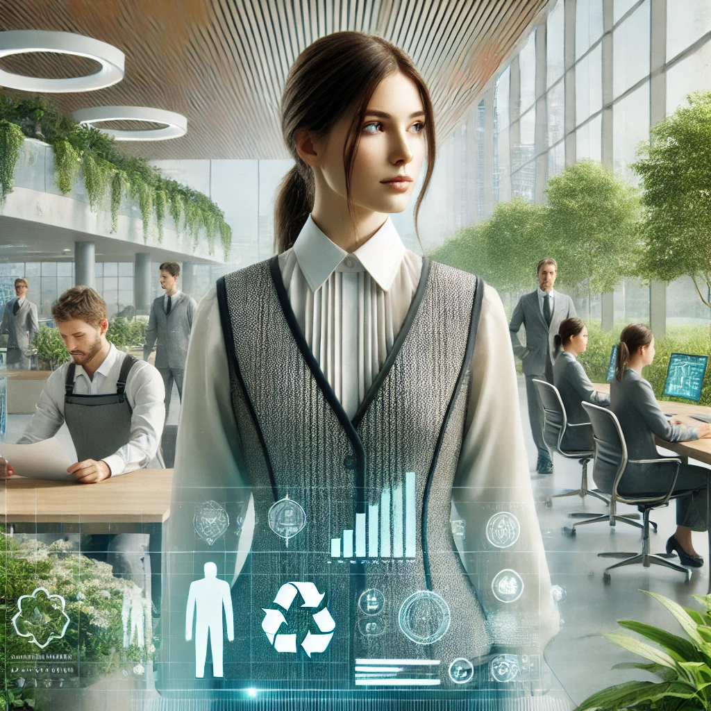 Empleados con uniformes sostenibles en oficina futurista y ecológica. Industria de moda sostenible y economía en cuero | Valeria Uniformes Corporativos.