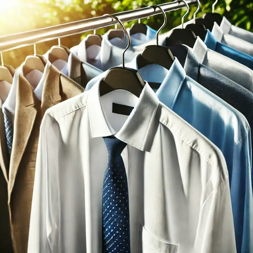 Uniformes corporativos secándose al aire libre en perchas | Valeria Uniformes Corporativos