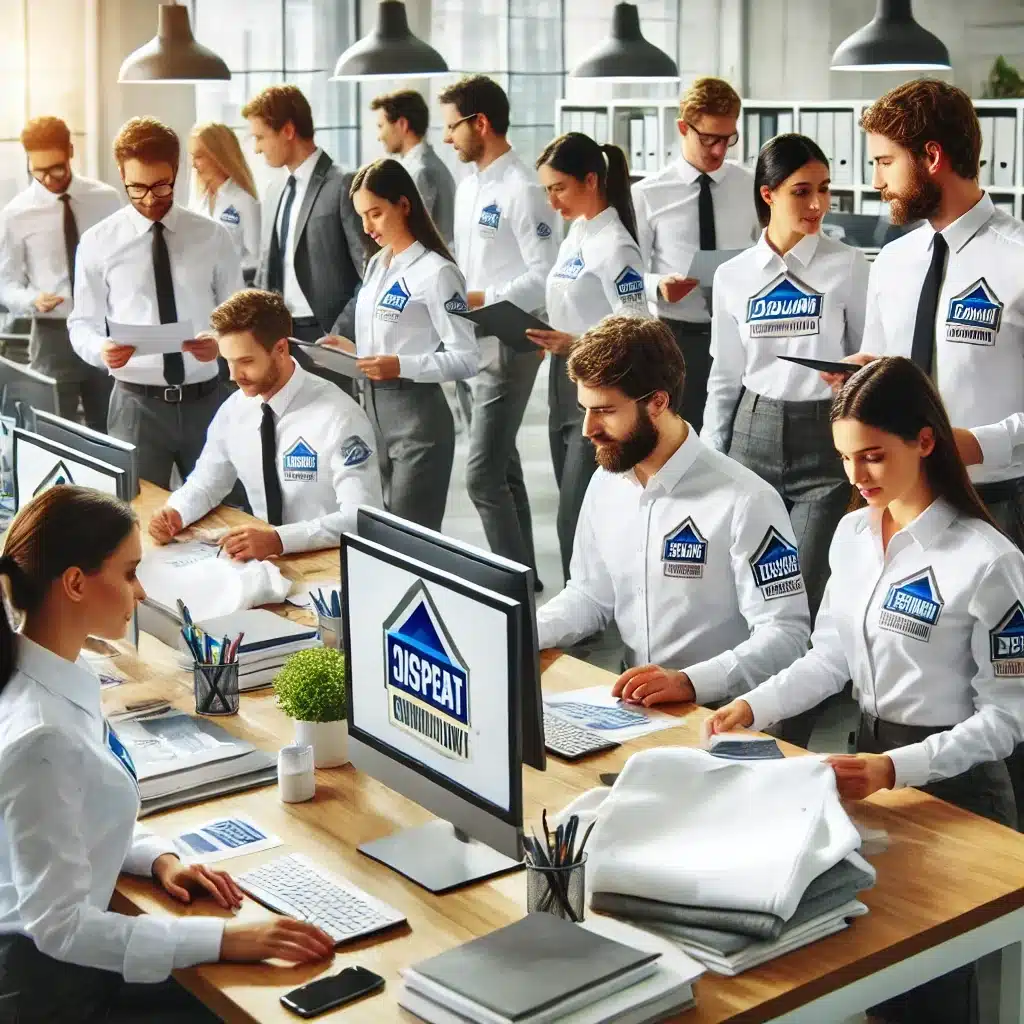 Empleados colaborando con uniformes sin logos visibles | Valeria Uniformes Corporativos