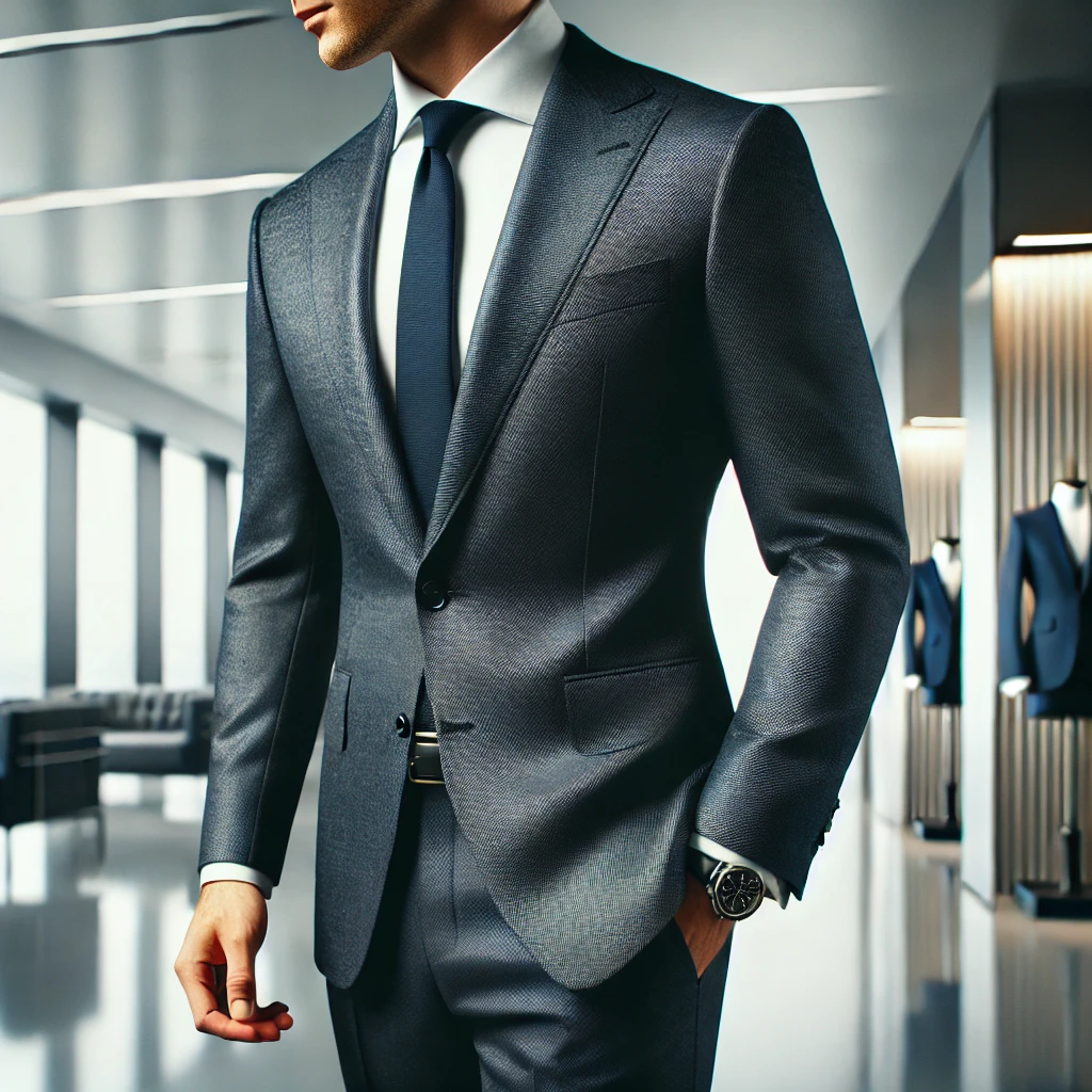 Hombre con traje gris bien ajustado en oficina moderna | Valeria Uniformes Corporativos