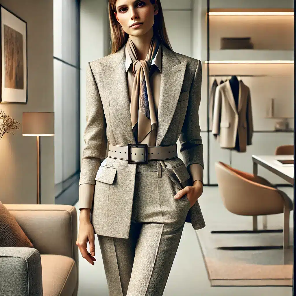Mujer con uniforme elegante y accesorios en oficina moderna | Valeria Uniformes Corporativos