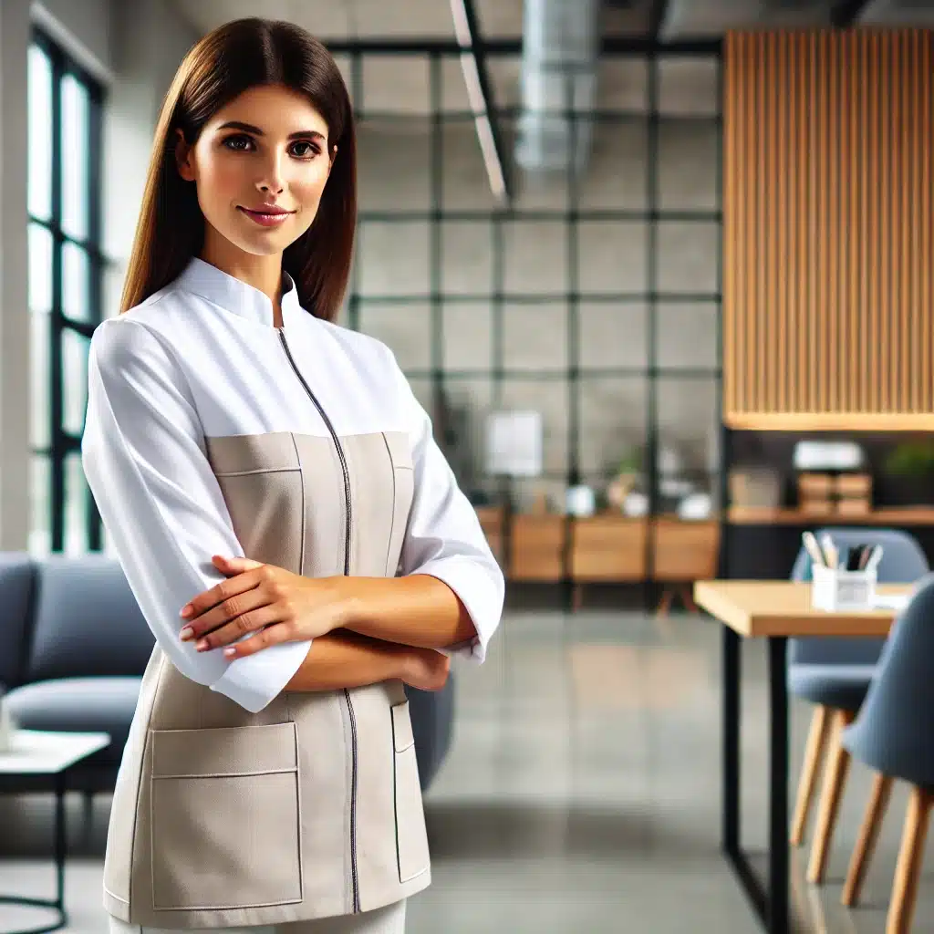 Mujer con uniforme impecable en oficina moderna y organizada | Valeria Uniformes Corporativos