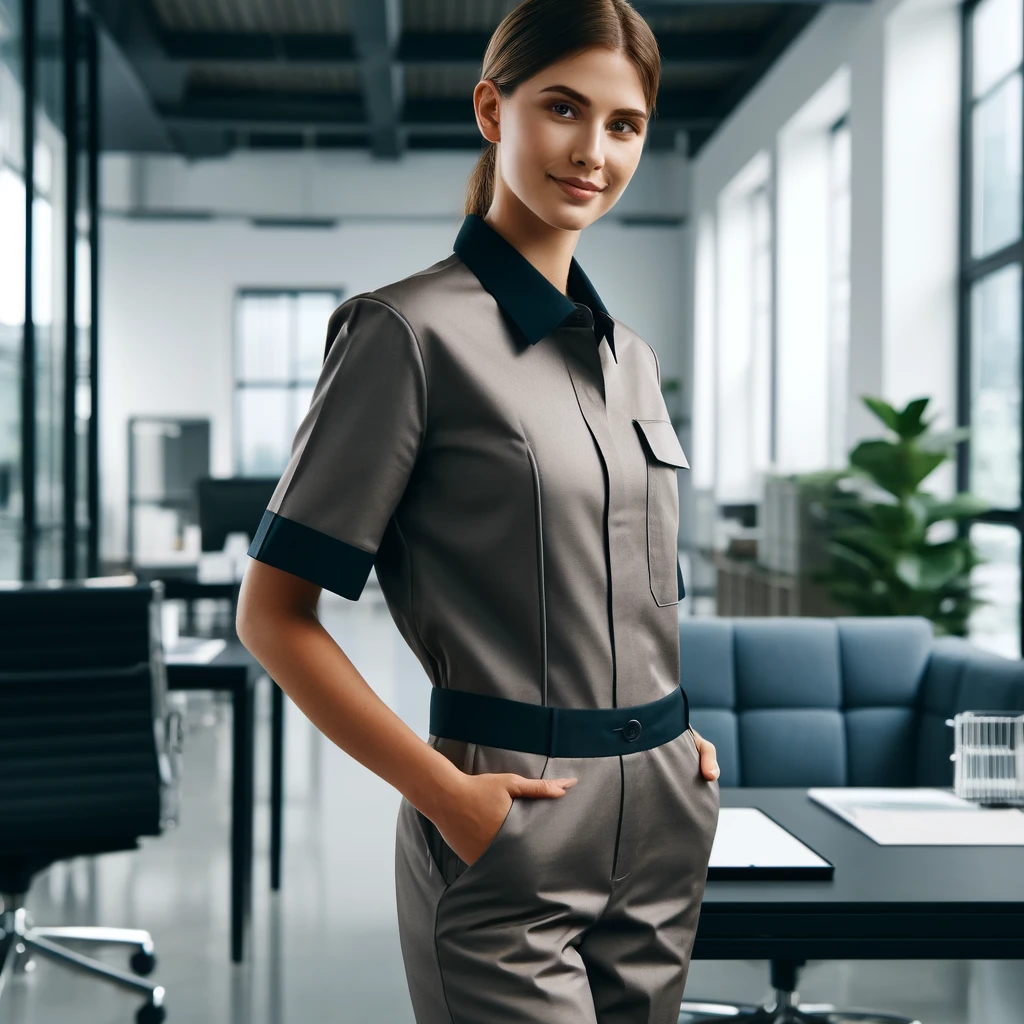 Mujer profesional con uniforme elegante en oficina moderna | Valeria Uniformes Corporativos