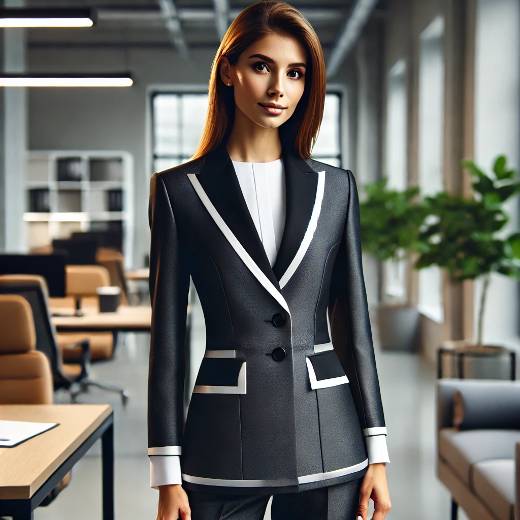 Mujer profesional con uniforme elegante en oficina moderna | Valeria Uniformes Corporativos