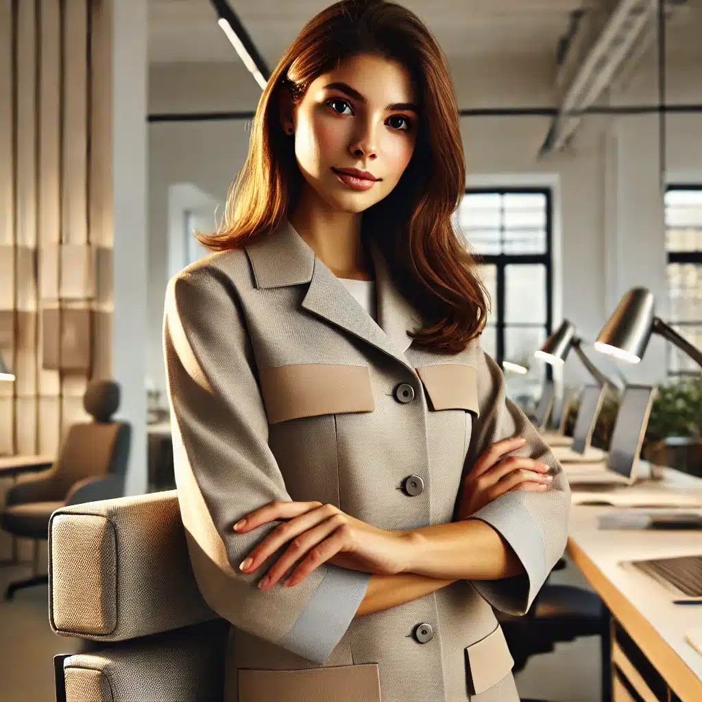 Mujer con uniforme cómodo y duradero en oficina moderna | Valeria Uniformes Corporativos