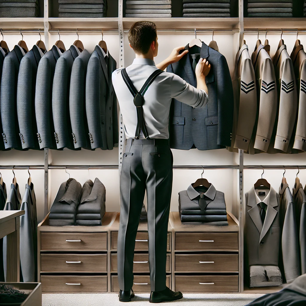 Hombre organizando uniformes en un armario limpio y ordenado | Valeria Uniformes Corporativos