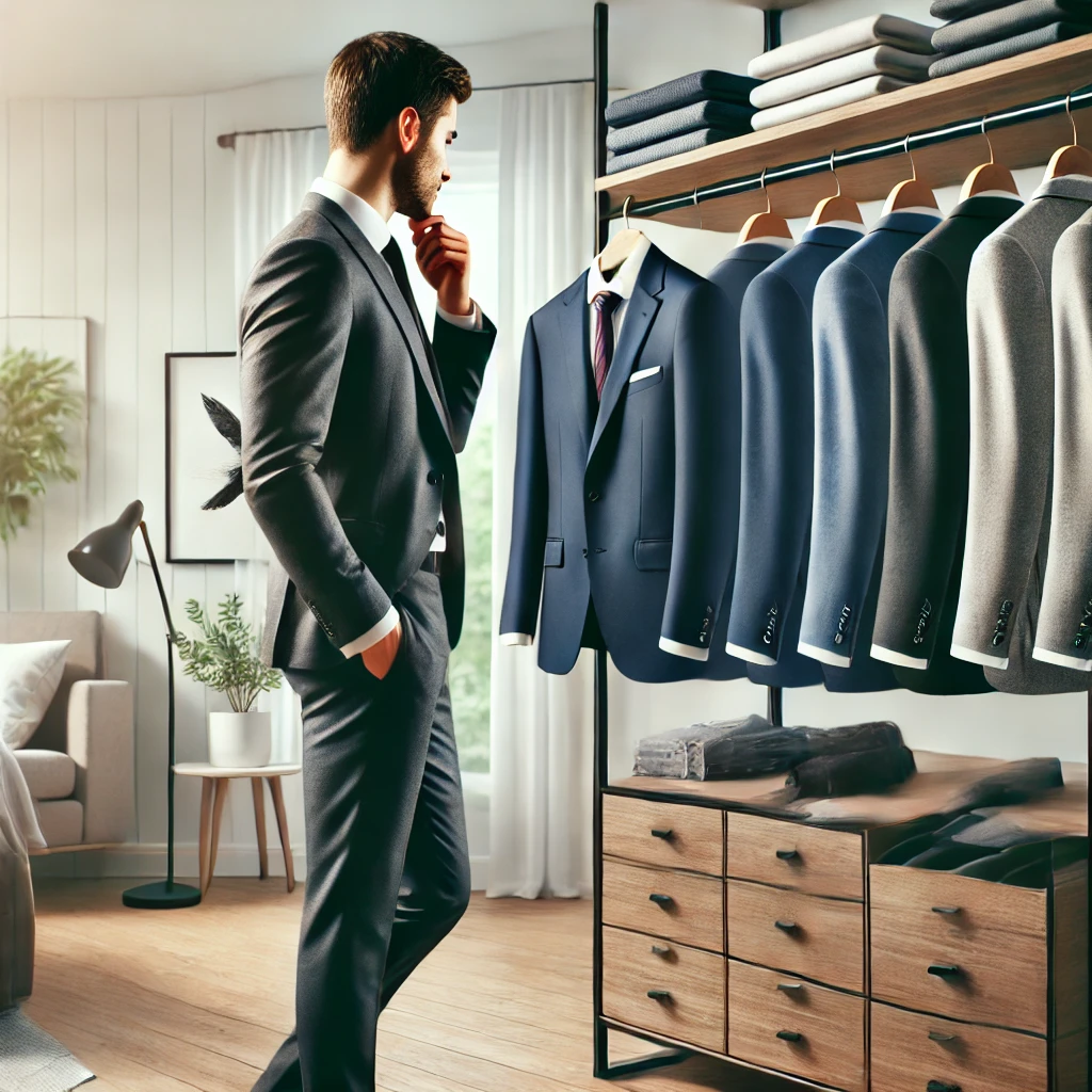 Hombre eligiendo traje profesional en armario moderno | Valeria Uniformes Corporativos