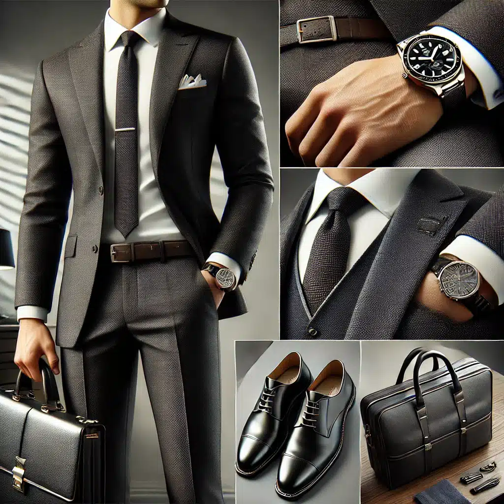 Hombre con uniforme profesional elegante, traje oscuro y accesorios en oficina moderna. | Valeria Uniformes Corporativos