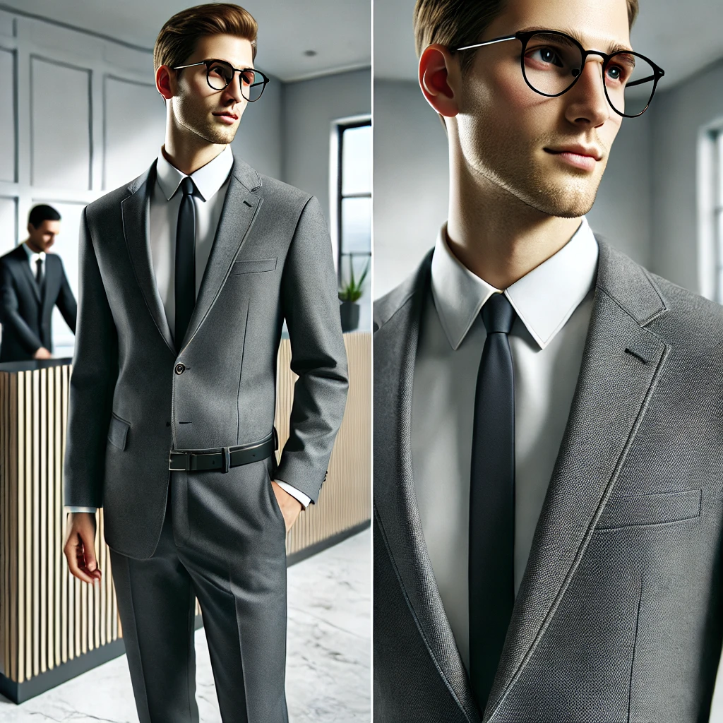 Hombre en uniforme gris en entorno laboral moderno | Valeria Uniformes Corporativos