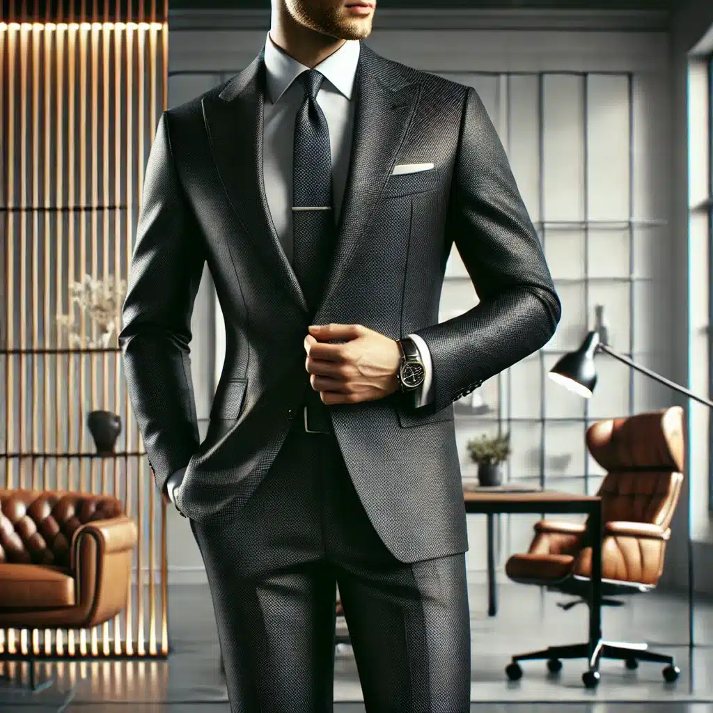 Hombre elegante con traje a medida en oficina moderna y luminosa, proyectando confianza. | Valeria Uniformes Corporativos