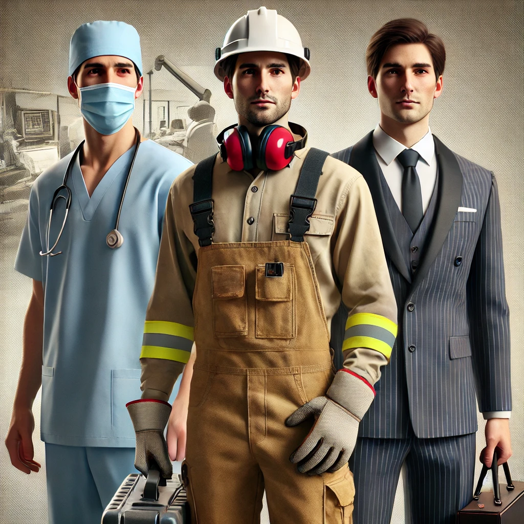 Tres hombres con uniformes de salud, manufactura y hotelería | Valeria Uniformes Corporativos