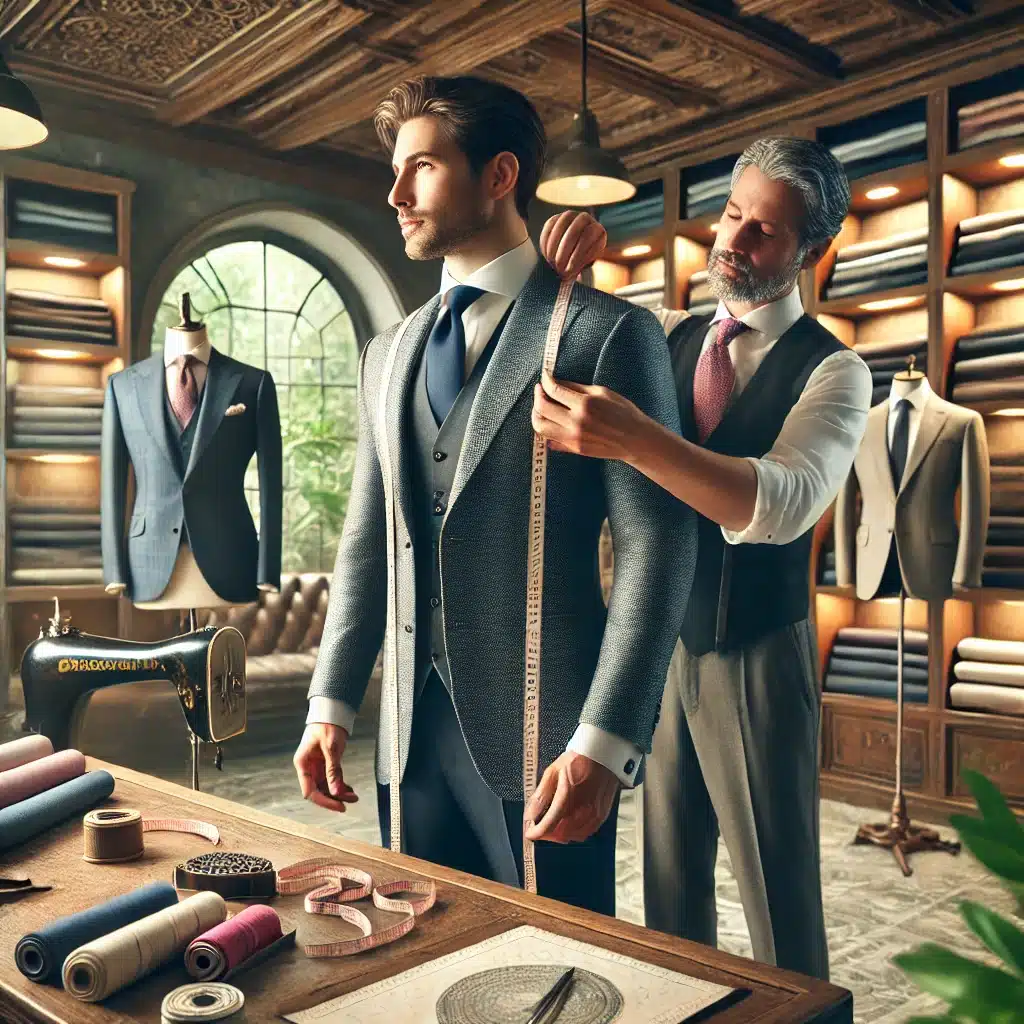 Sastre ajustando un traje a medida para un caballero en una elegante sastrería. | Valeria Uniformes Corporativos