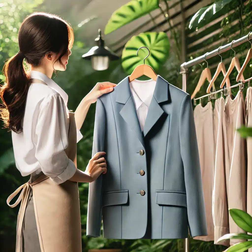 Mujer colgando su uniforme al aire libre para secado natural | Valeria Uniformes Corporativos