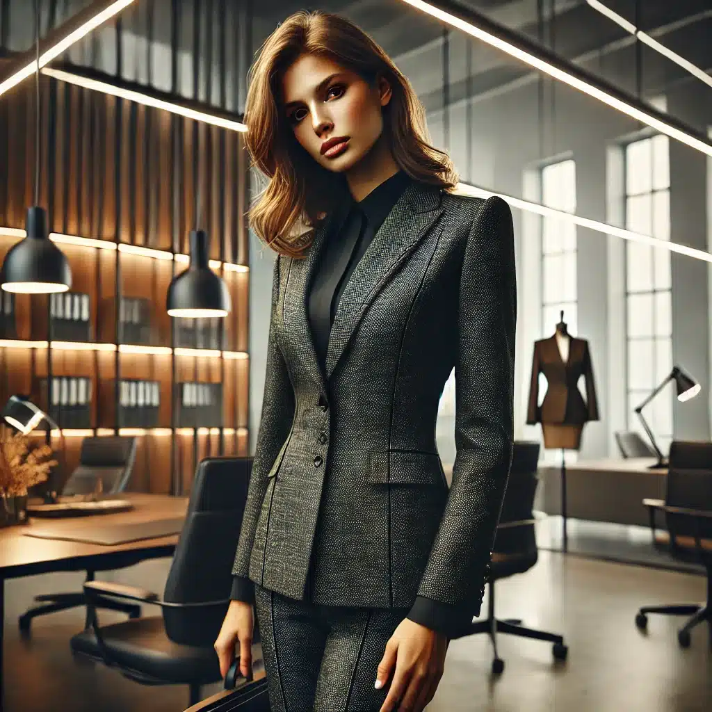Empleada con uniforme moderno y funcional en oficina elegante | Valeria Uniformes Corporativos