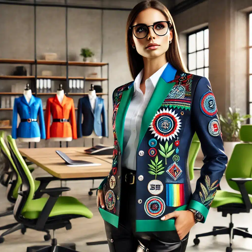 Mujer con uniforme personalizado y moderno en oficina luminosa | Valeria Uniformes Corporativos